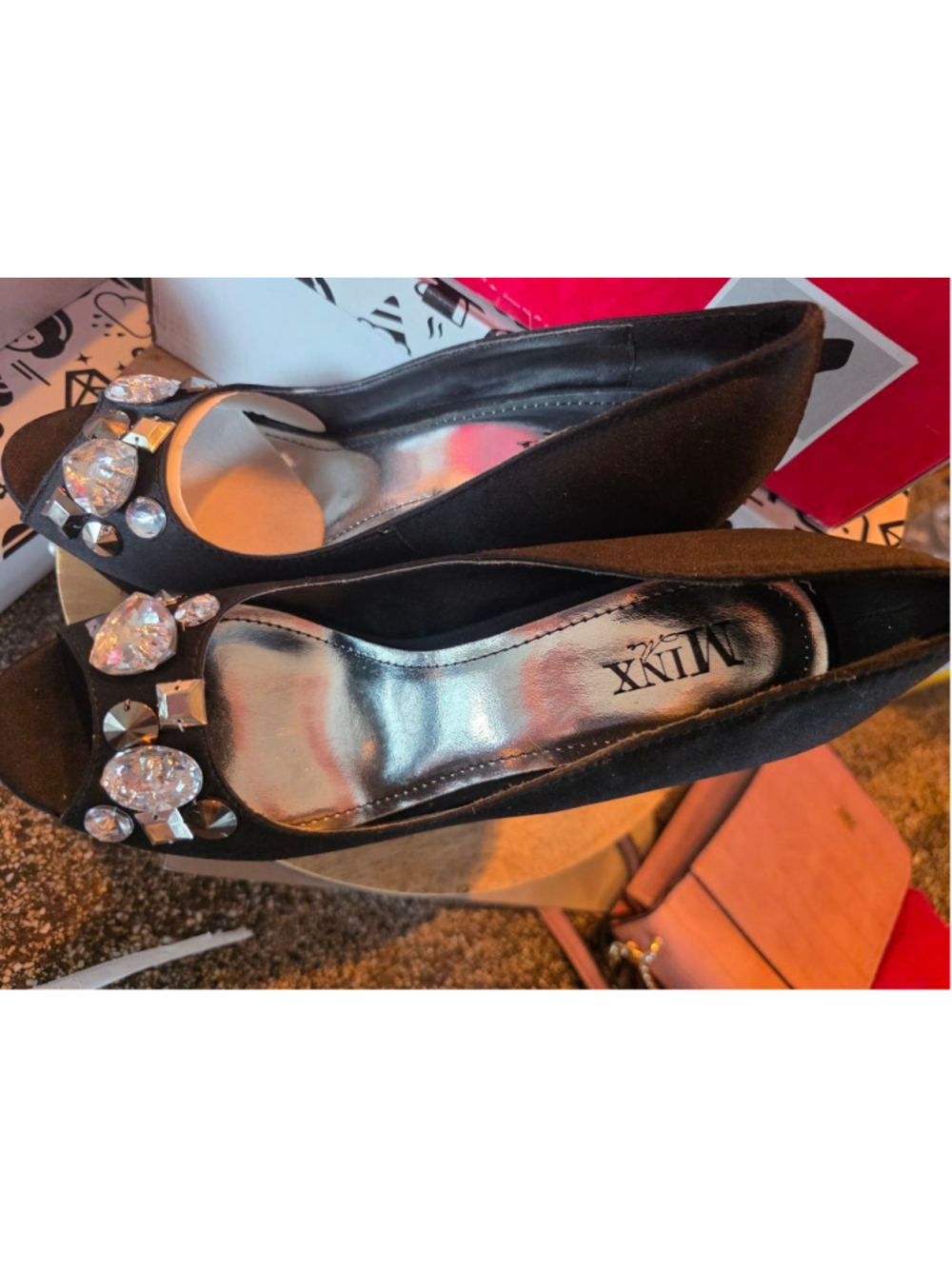 Women's MINX Black Embellished Peep Toe Heels Size 7 new in box sexy shoes fancy - Picture 3 of 7
